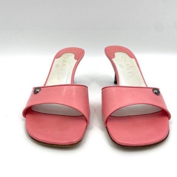 CHANEL Pink Y2K Square Toe Leather Slip On CC Logo Sandals Heels Size 7 - Picture 6 of 7